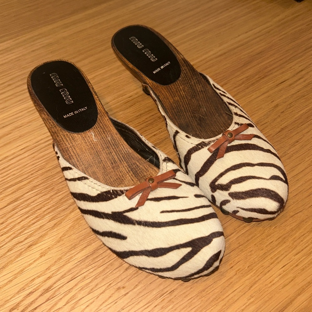 Miu Miu Black and White Zebra Print Clogs Mule with Brown Accent Size 37